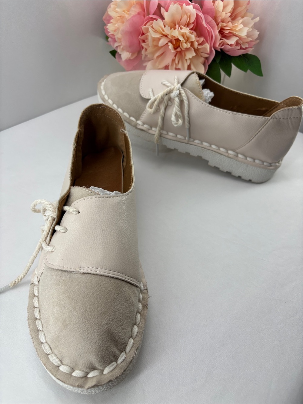 Fashion Women's 9.5 Casual Lace-Up Leather/Suede Flats - White & Cream #743